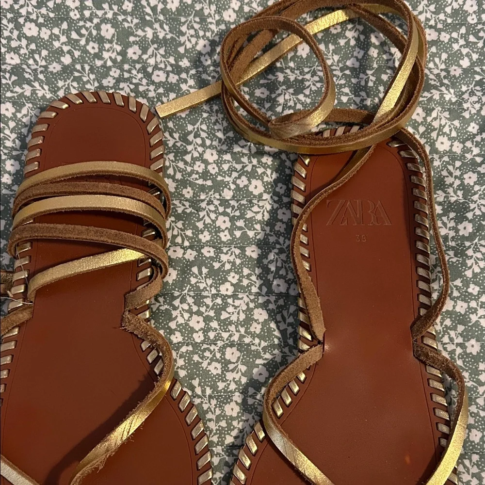 Zara Tan and Gold Strappy Sandals - Picture 2 of 3